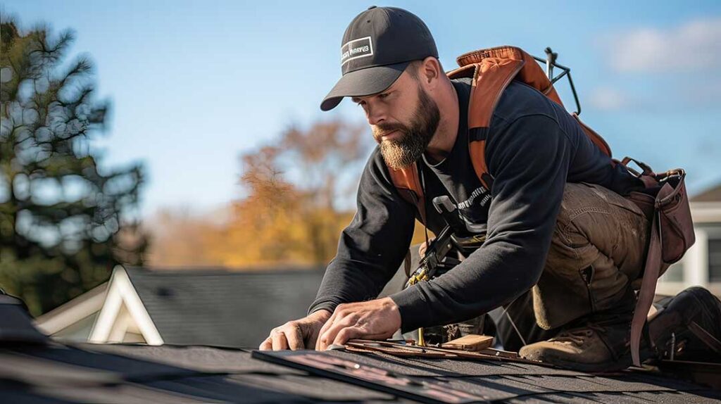 Homeowner checks gutters beside a shingled roof while leaves gather near the roof edge.