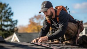 Homeowner checks gutters beside a shingled roof while leaves gather near the roof edge.