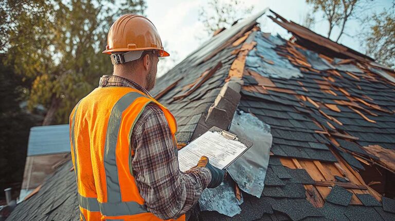 A homeowner examining soffit vents and roof framing inside a clean, insulated attic.